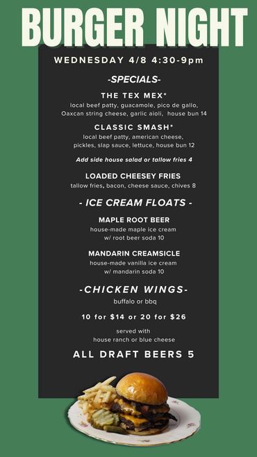 Burger Night menu featuring Tex Mex and Classic Smash burgers, loaded fries, floats, and wings.