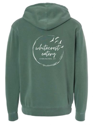 Green hoodie with Whitecrest Eatery logo and birds on the back.