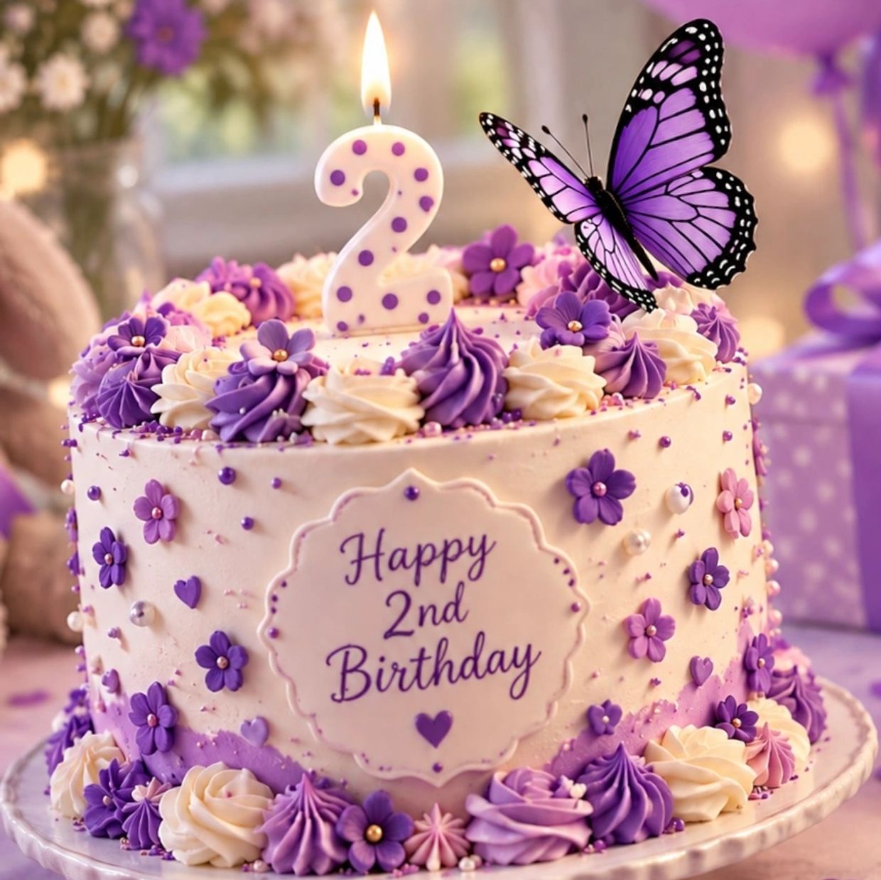 Purple-themed 2nd birthday cake with butterfly and candle.