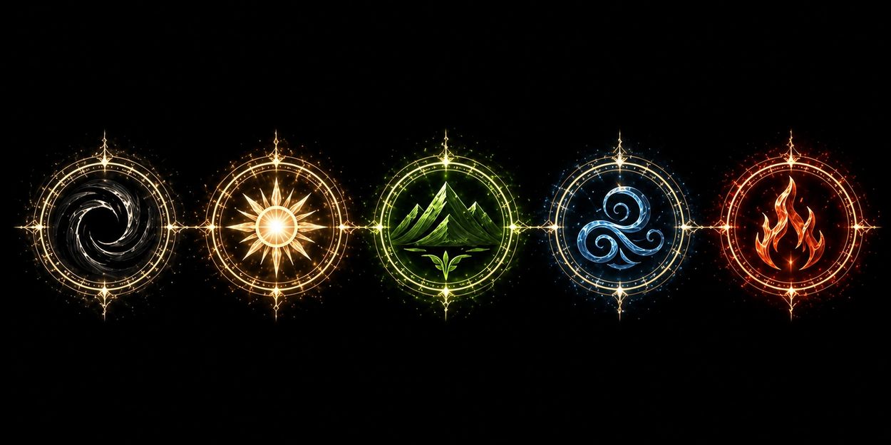 Five glowing elemental symbols representing void, sun, earth, water, and fire on a black background.