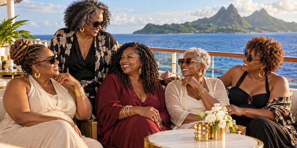 Five women enjoying a sunny day on a boat with mountain views.
