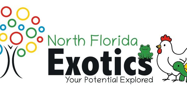 Logo for North Florida Exotics featuring colorful tree and animals.