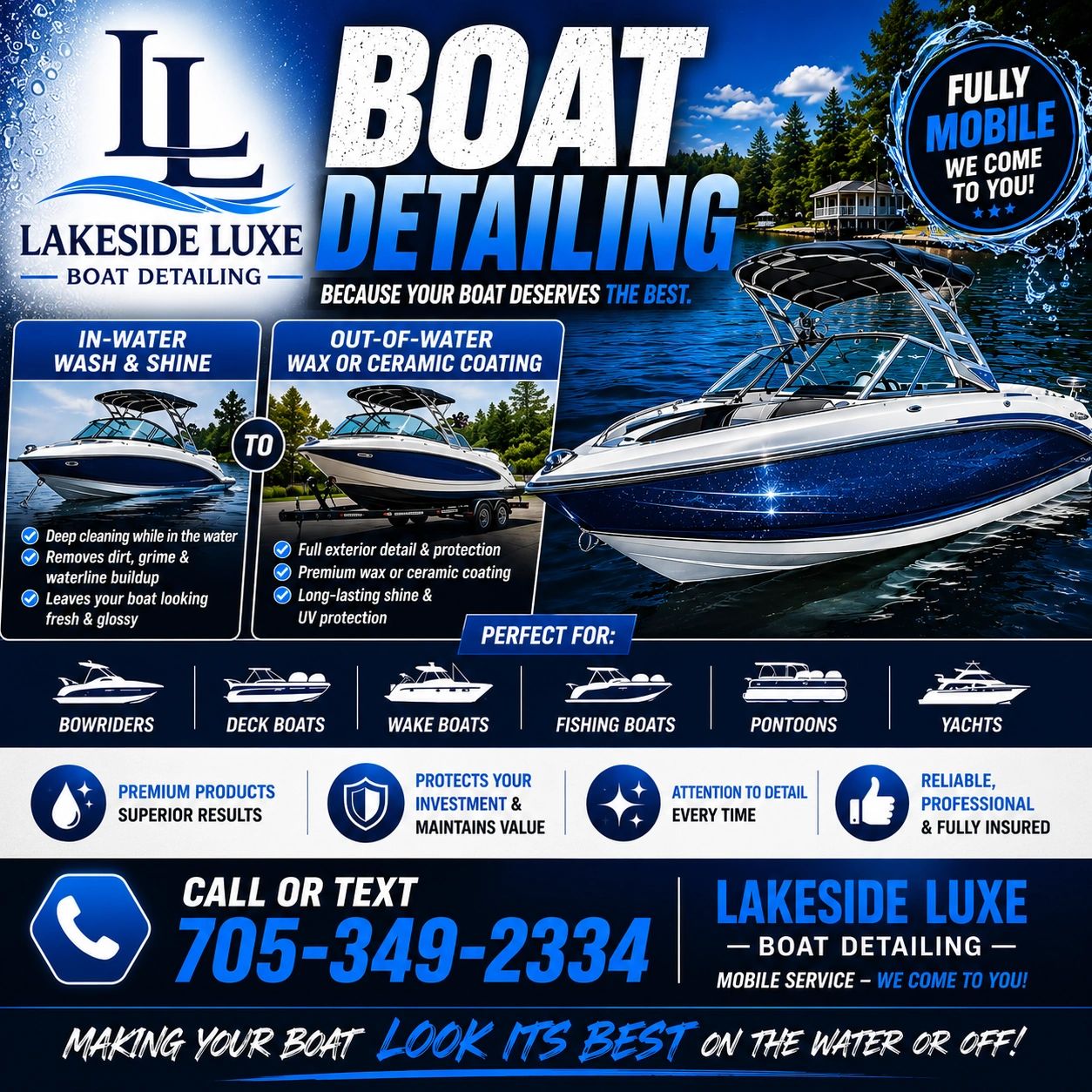 Lakeside Luxe offers premium, mobile boat detailing services for various boat types.
