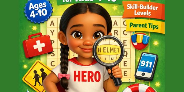 Child holding magnifying glass with safety icons around, educational game for ages 4-10.