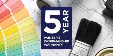 A 5-year painter's workmanship warranty with color swatches and paintbrush.