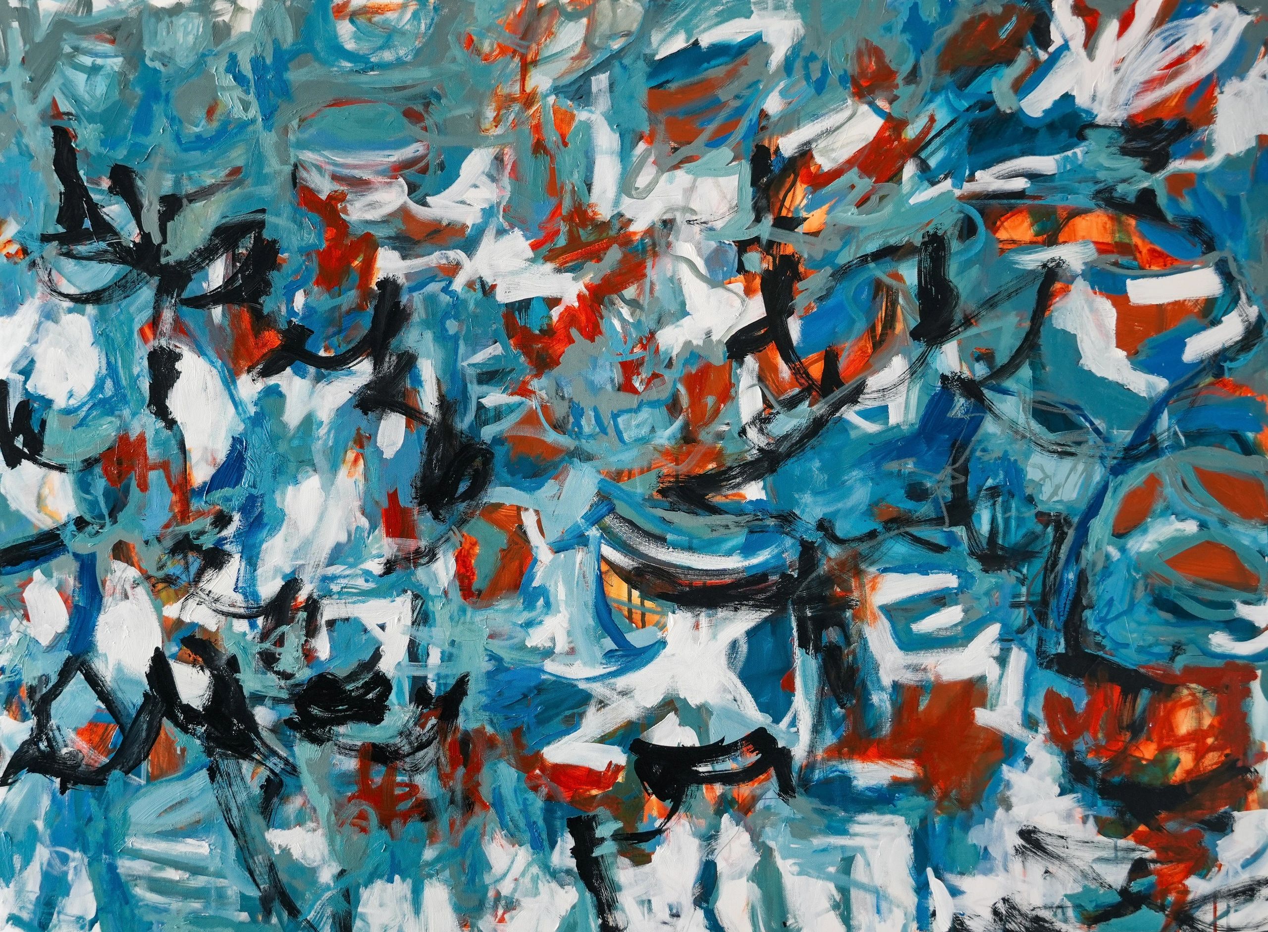 Colorful abstract painting with dynamic brushstrokes in blue, brown, black, and white.