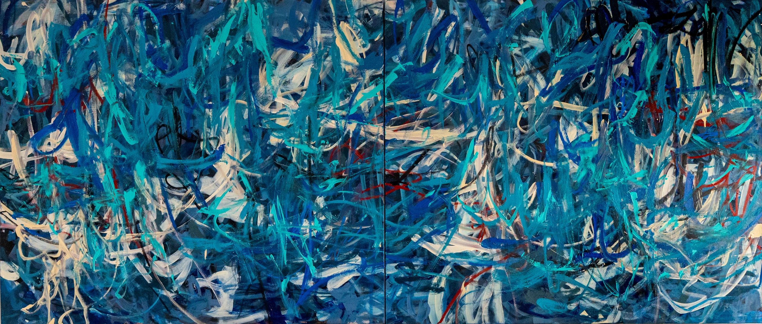 Abstract painting with blue and white brushstrokes.