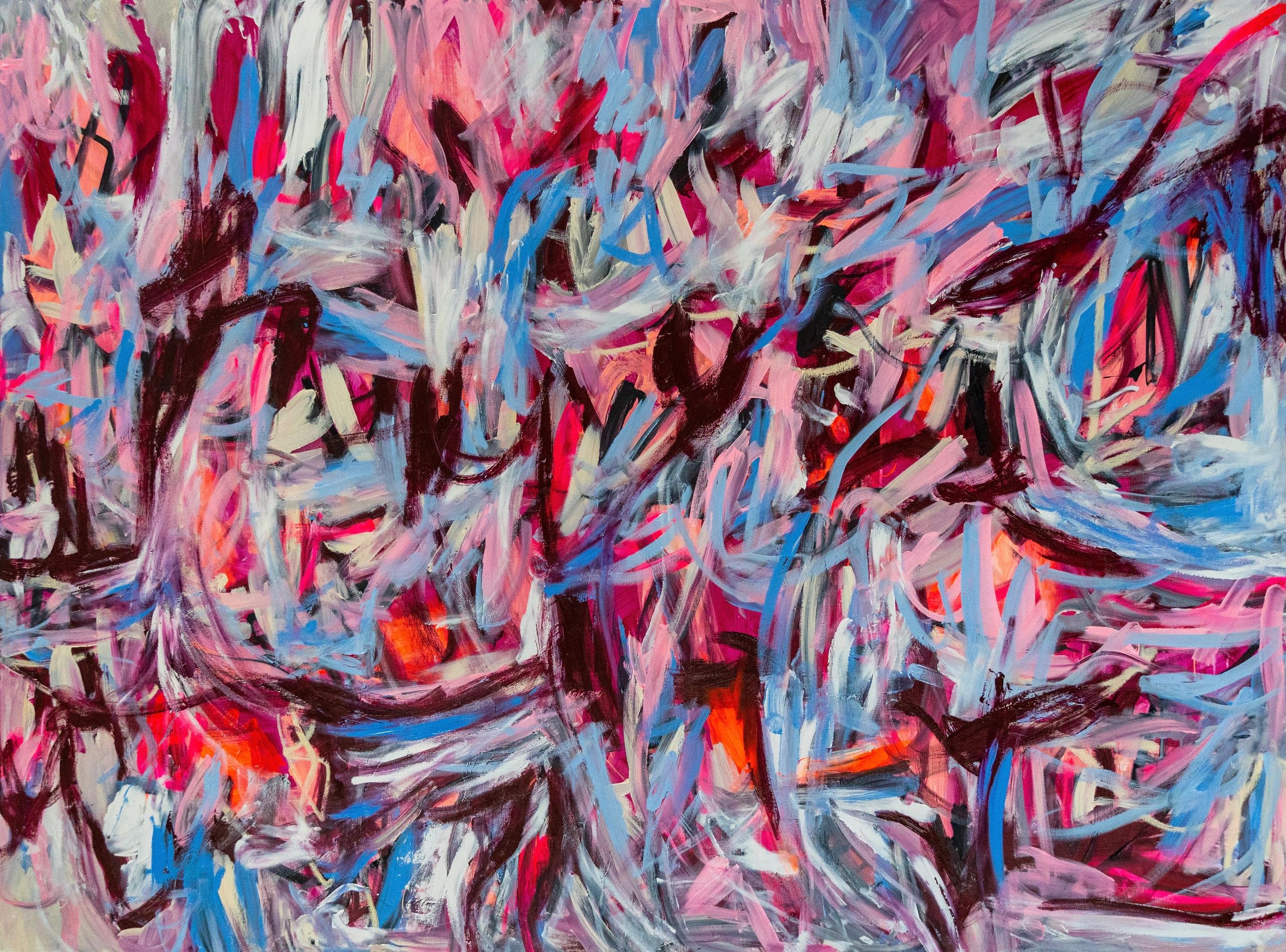 Abstract painting with vibrant brush strokes in blue, pink, and red.