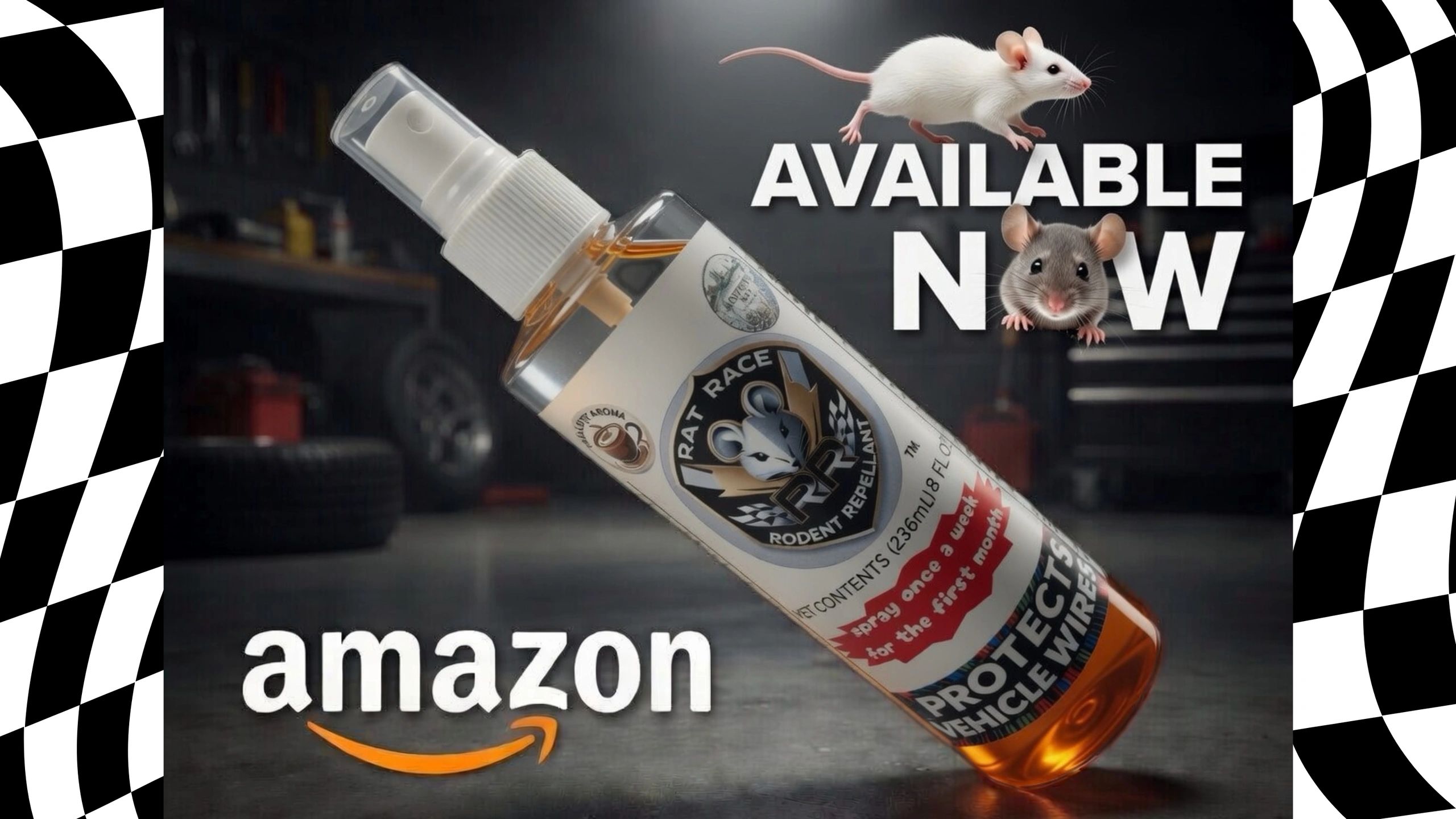 Rat Race Rodent Repellant Protects Vehicle Wires and Is available for sale on Amazon prime 