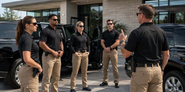 Security team briefing outside vehicles.