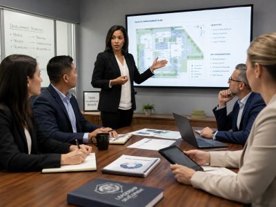Businesswoman presenting project plan to colleagues in conference room.