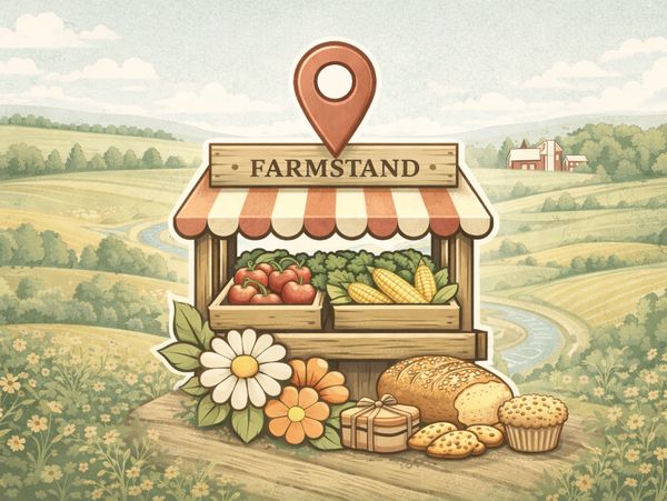 Illustration of a farmstand with fresh produce and baked goods in a scenic countryside.