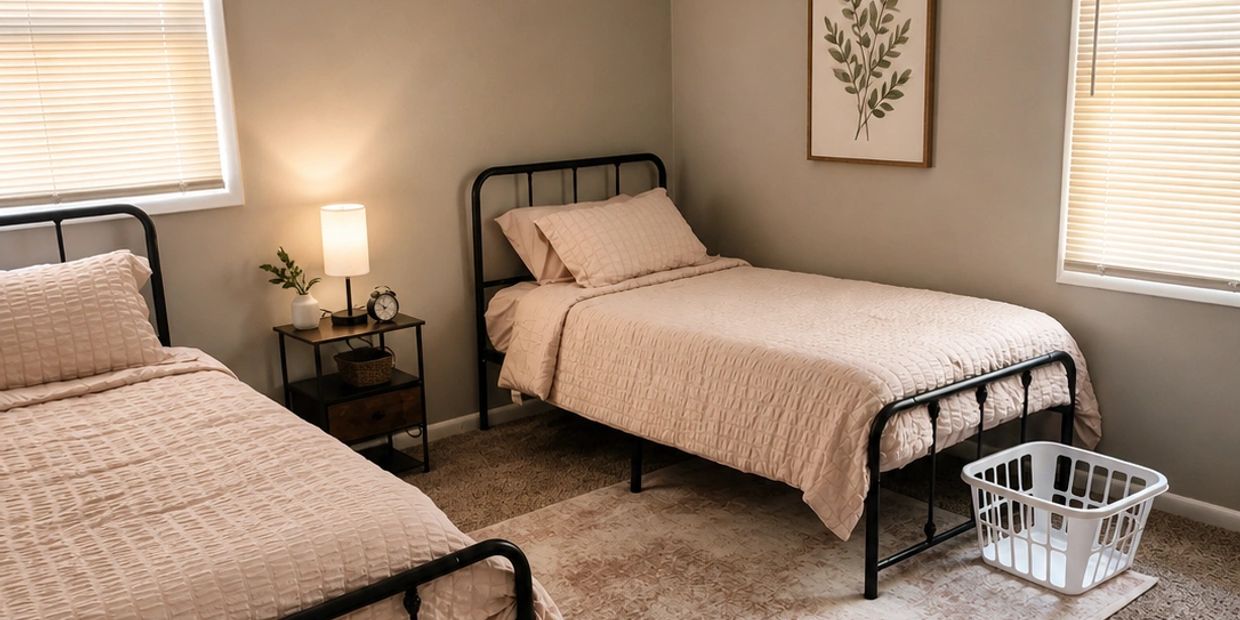 Cozy bedroom with two single beds and soft lighting.