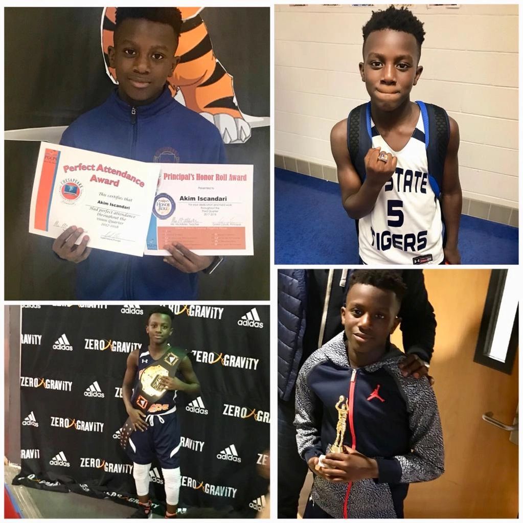 Boy proudly displays awards and basketball achievements in four photos.