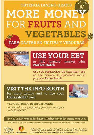 Poster promoting EBT benefits for fruits and vegetables at farmers' markets.