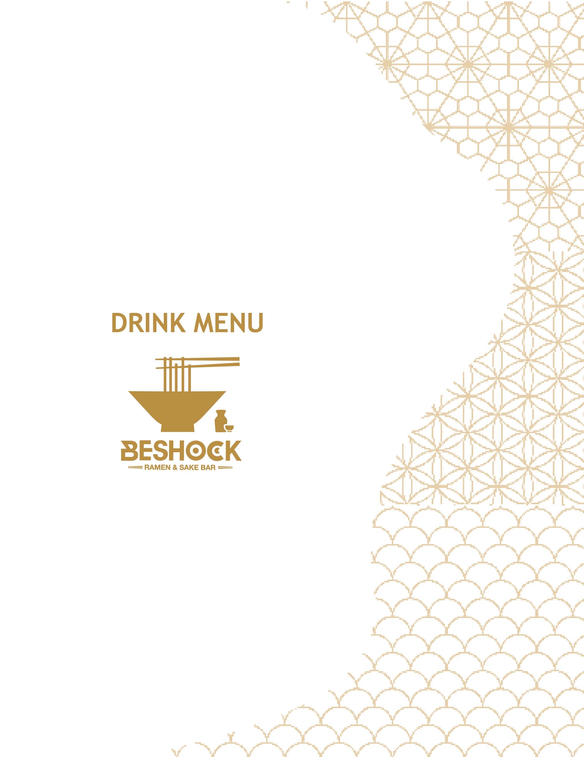 Elegant drink menu cover for Beshock Ramen & Sake Bar with gold geometric patterns.