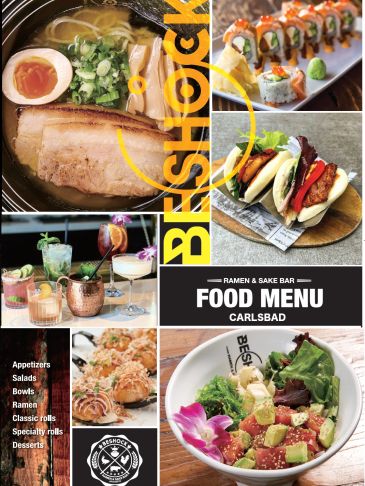 Collage of diverse dishes and drinks from Beshock Ramen &amp; Sake Bar food menu in Carlsbad.
