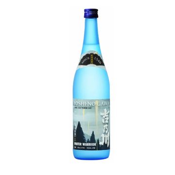 Blue bottle of Yoshinogawa Winter Warrior sake with scenic label.