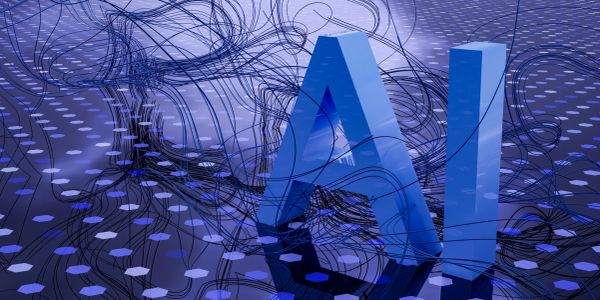 3D AI letters with abstract digital lines and dots.