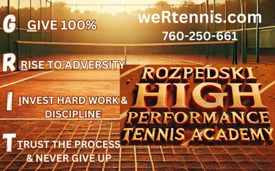 Tennis court with motivational text for Rozpedski High Performance Tennis Academy.