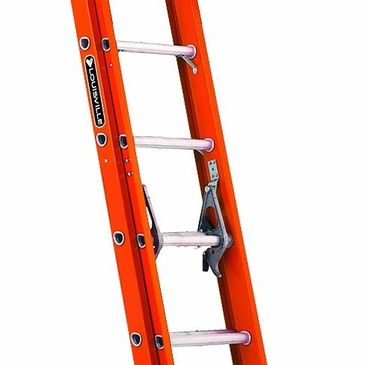 Close-up of an orange Louisville ladder showing rungs and locking mechanism.
