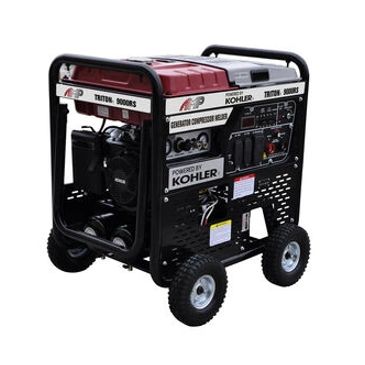 Portable generator powered by Kohler with wheels for easy transport.