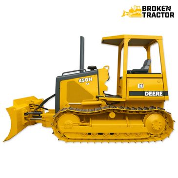 Yellow John Deere 450H LT bulldozer with tracks and front blade.