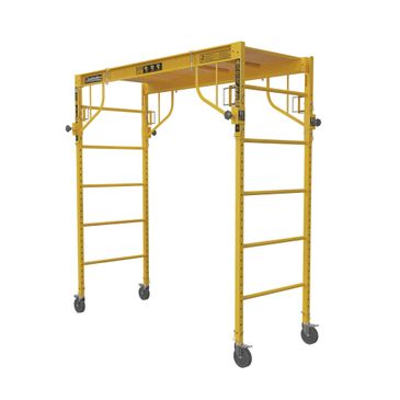 Yellow mobile scaffold tower with wheels and ladder sides.
