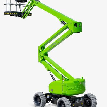 Bright green articulating boom lift with 4x4 wheels and elevated work platform.