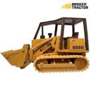 Yellow toy bulldozer model with tracks and a front scoop.