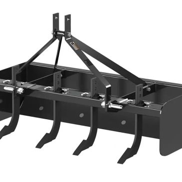 Black metal agricultural tiller attachment with three tines for soil cultivation.