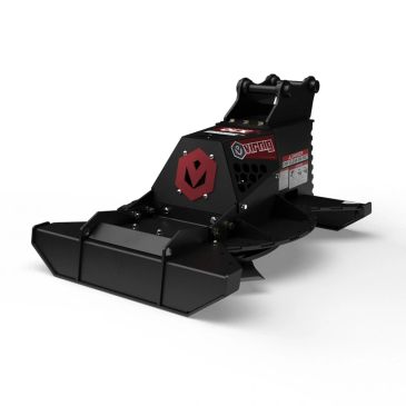 Black and red heavy-duty brush cutter attachment for machinery.