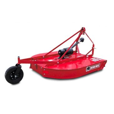 Red Bush Hog rotary cutter with single front wheel for agricultural use.