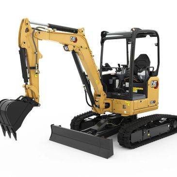 Yellow Caterpillar mini excavator with a digging bucket and rubber tracks.