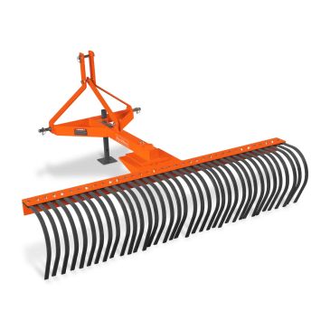 Orange agricultural landscape rake with curved tines and three-point hitch.