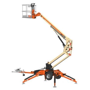 Orange and beige articulated boom lift with stabilizing legs extended.