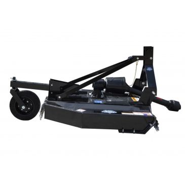 Black rotary cutter attachment with a single large wheel and PTO shaft.
