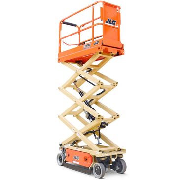 An orange and beige scissor lift with the brand JLG.