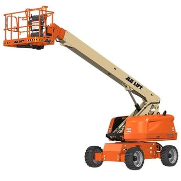 Orange and beige JLG lift boom with elevated platform for workers.