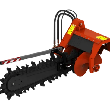 Orange trenching machine attachment with cutting chain and hydraulic hoses.