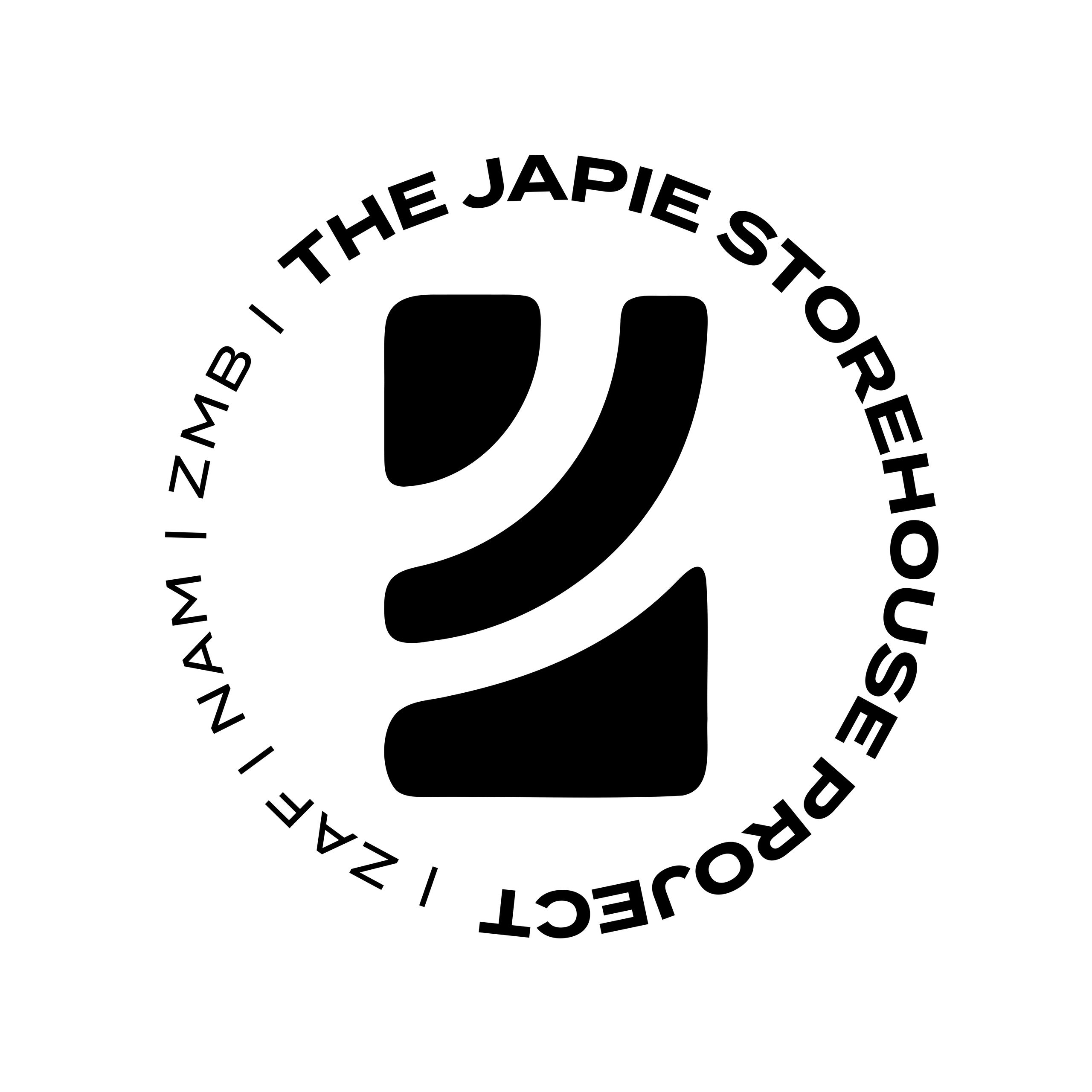 Logo with text circling a black graphic element.