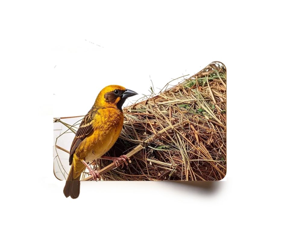 A bright yellow bird perches on a nest made of dry grass.