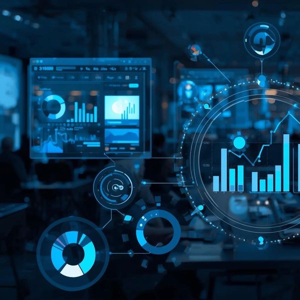 Futuristic digital interface displaying various blue data charts and graphs.