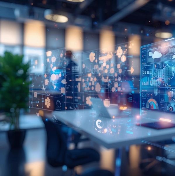 Futuristic office with transparent digital data displays.
