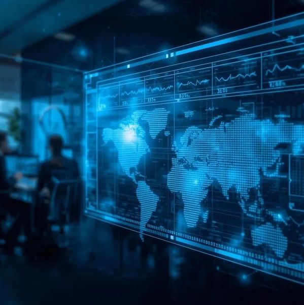 Futuristic digital world map display in a high-tech office environment.