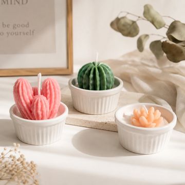 Velas decorativas en forma de cactus y flor.