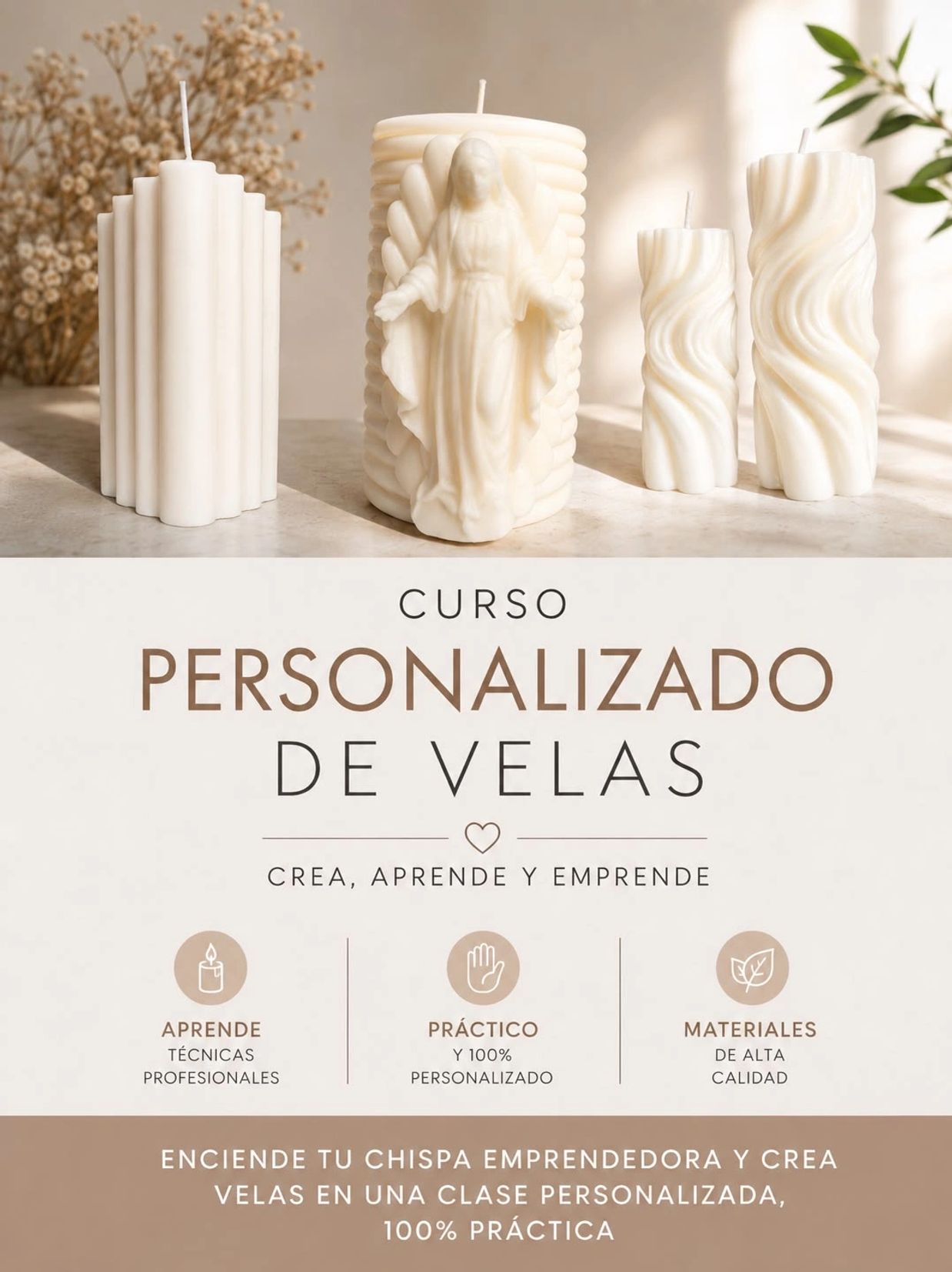 Curso personalizado de velas con técnicas profesionales y materiales de alta calidad.