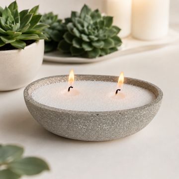 Vela de dos mechas en recipiente de piedra.