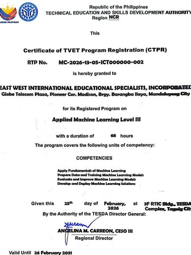 Certificate of TVET Program Registration for Applied Machine Learning Level III issued to East West International Educational Specialists.