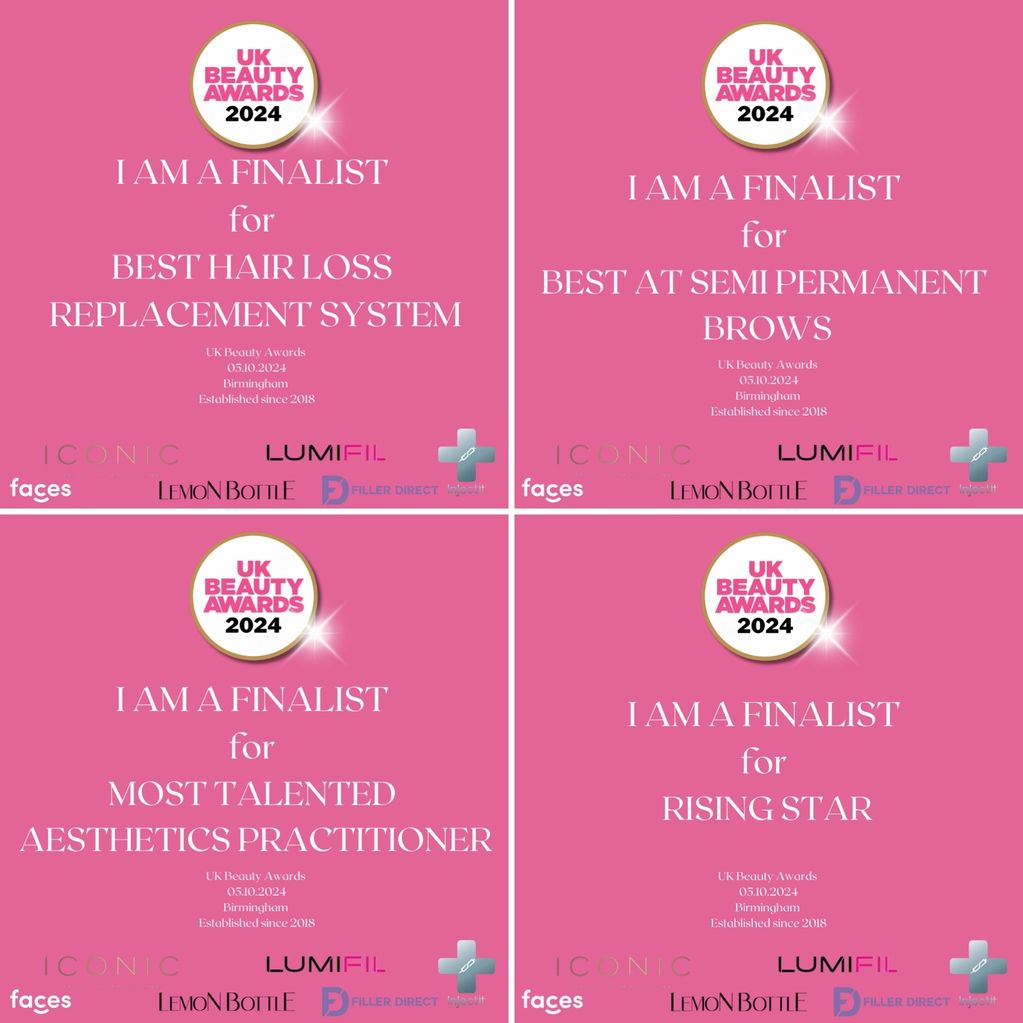UK Beauty Awards 2024; 4 finalist certificates for Zoe Miles including hair loss replacement